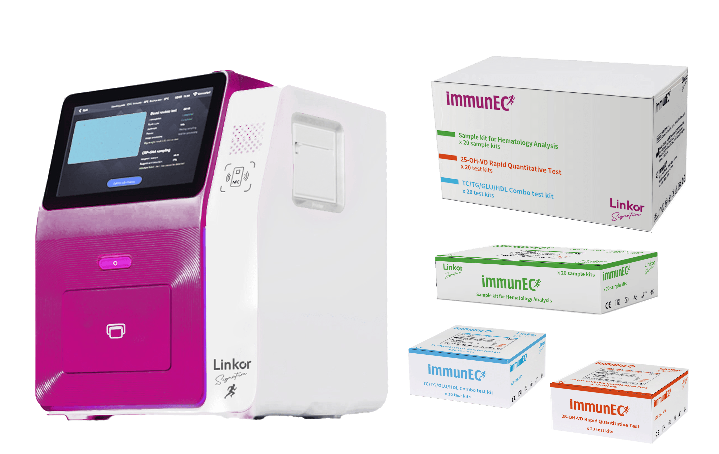 Linkor immunEC point-of-care blood screening analyser alongside its test kits
